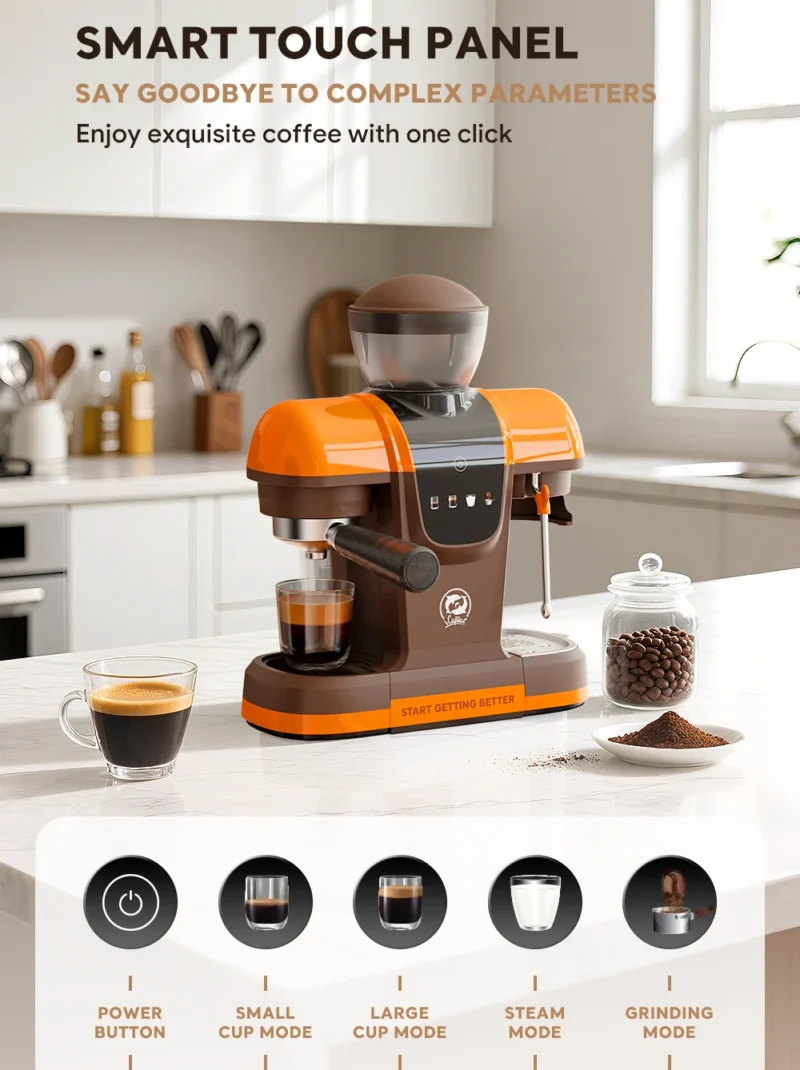 iCafilas Coffee Maker 19 Bar Semi Automatic Extraction Espresso Coffee Machine with Grinder Built In Steam milk coffee machine