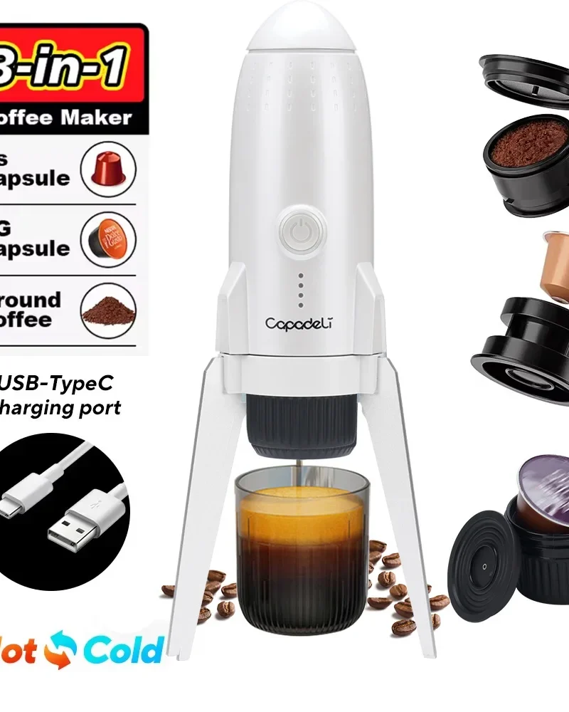 Portable Electric Espresso Machine Travel Coffee Maker for Camping 3 in 1 Self-Heating for Ground Coffee & DG NS Capsule Pods